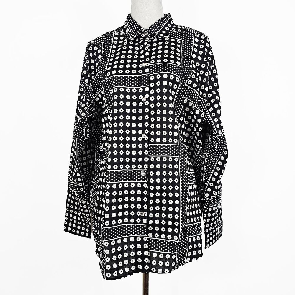 SSLR Woman 2XL Black and White Floral Graphic Cotton Lagenlook Button Up